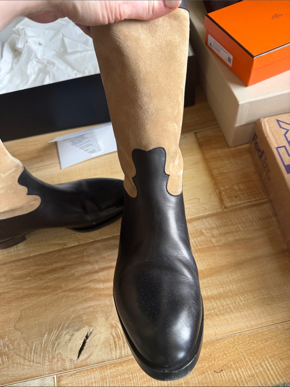 CHANEL Two-Tone Black Leather and Beige Suede Mid-Calf Lace-Up Boots - Picture 3 of 14